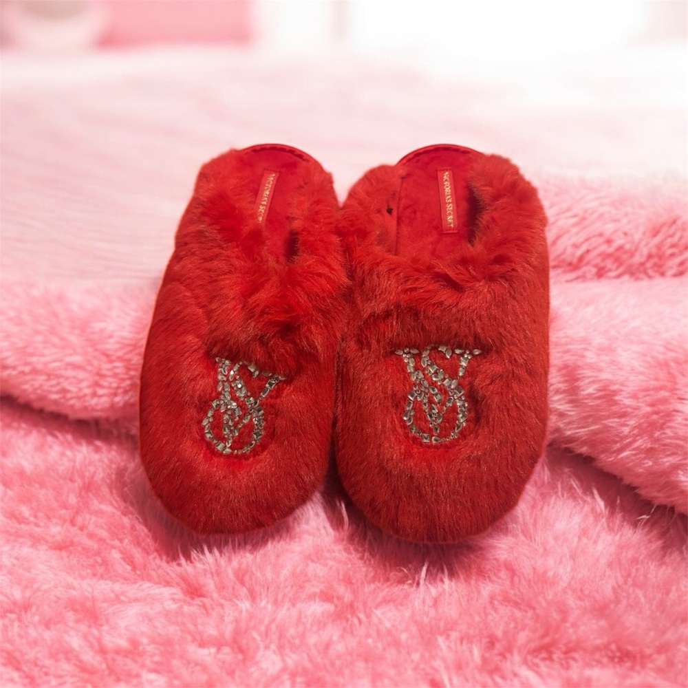 Victoria’s Secret Red Fuzzy Slippers with Embellished Logo